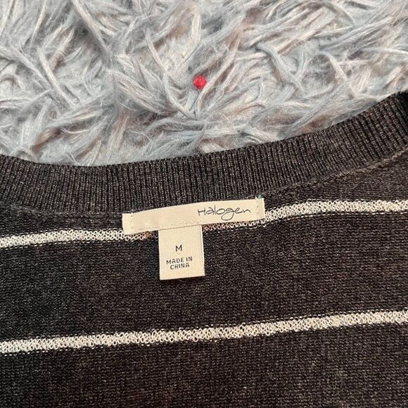 Halogen Gray White Striped Metallic Button Down Cardigan Size M - Picture 2 of 5